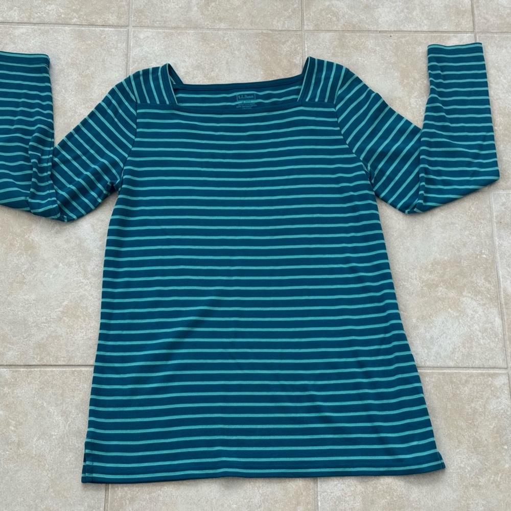 L.L. Bean Square Neck Sweater Aqua and Teal Striped Western Cottage Shirt Size L